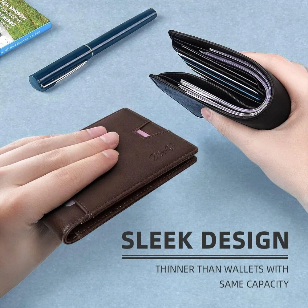 Men's Chocolate Premium Vegan Leather Wallet Slim Blocking Credit Card Design - Picture 4 of 8